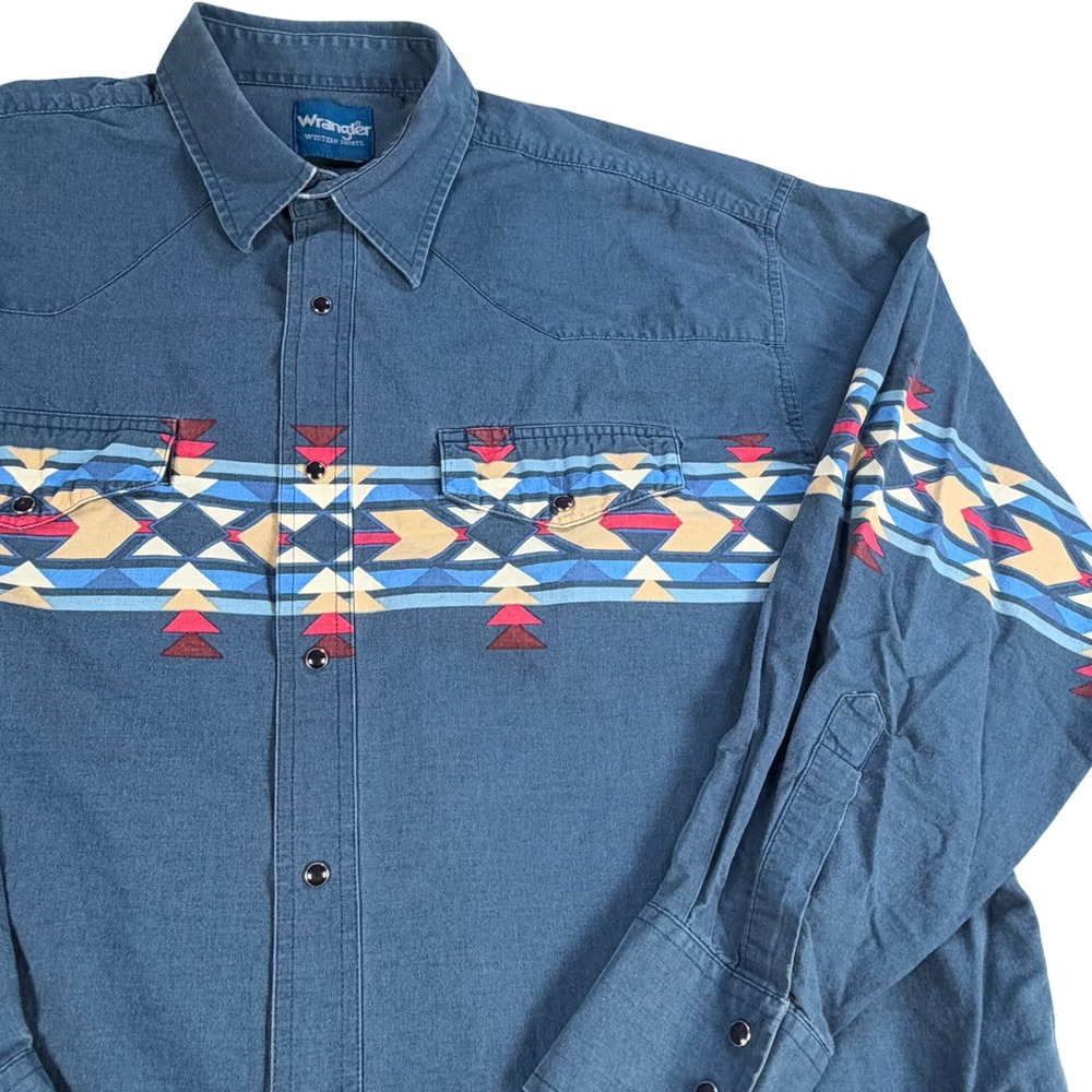 Vintage Wrangler Western Shirt Mens XXL Blue Aztec Geometric Pearl Snap READ